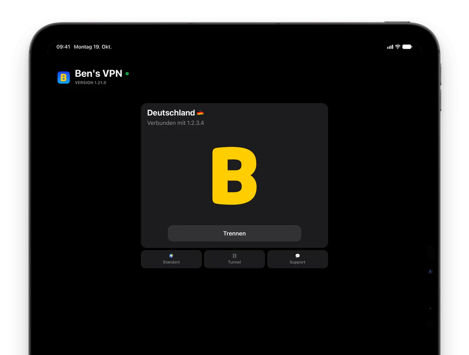 Ben's VPN auf einem iPad: verbunden mit Deutschland, ein großes gelbes B auf der Serverkarte, die Schaltfläche „Trennen“ und die Schaltflächen „Standort“, „Tunnel“ und „Support“ darunter