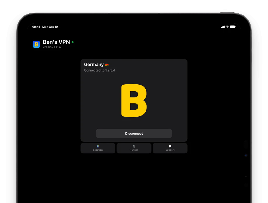 Ben's VPN on an iPad, connected to Germany, with Location, Tunnel and Support under the server card