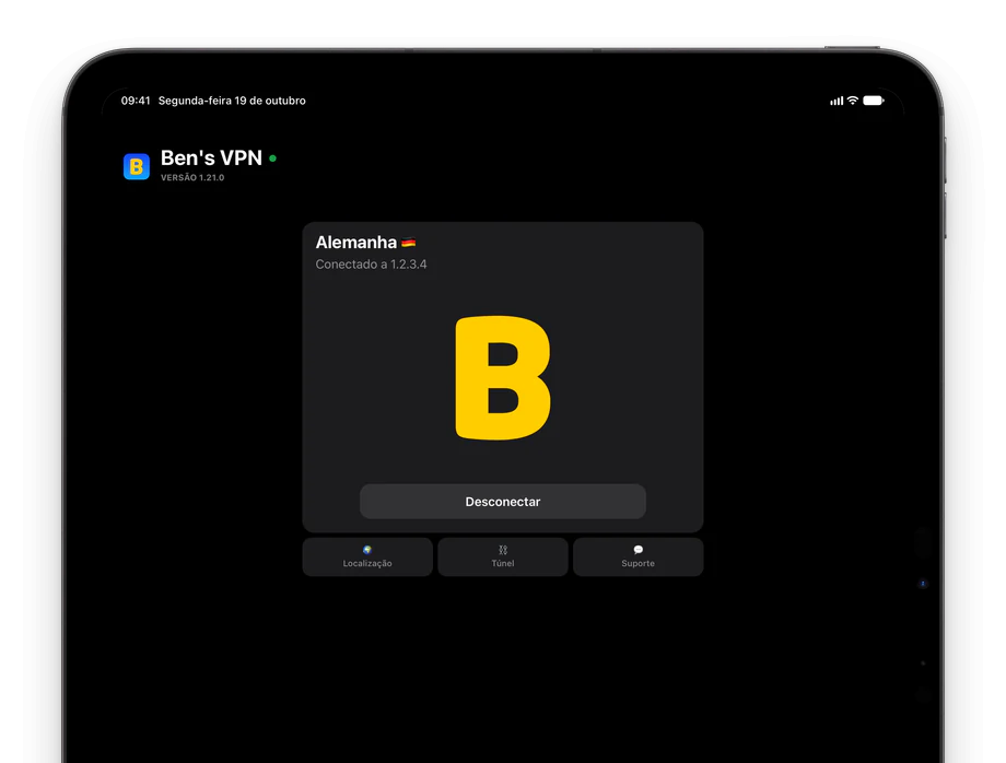Ben's VPN no iPad: conectado à Alemanha, um B amarelo grande no cartão do servidor, o botão Desconectar e os botões Localização, Túnel e Suporte abaixo dele