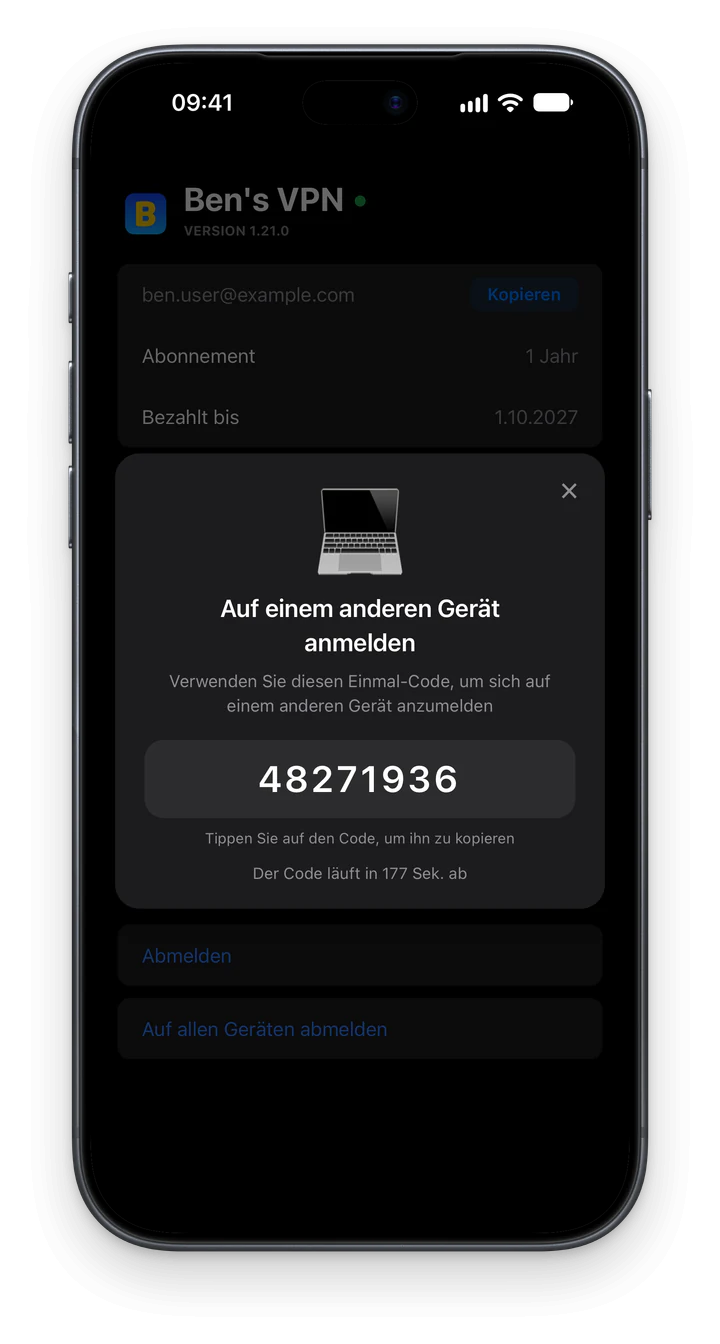 Ben's VPN auf dem iPhone: die Karte „Auf einem anderen Gerät anmelden“ mit 8-stelligem Einmalcode und Timer über den Schaltflächen „Abmelden“ und „Auf allen Geräten abmelden“