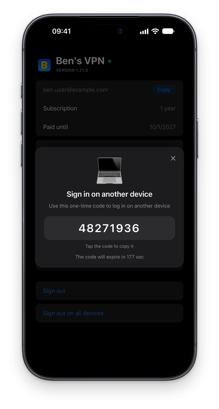 The Sign in on another device window in Ben's VPN on iPhone: the 8 digits of a one-time code and a countdown under them