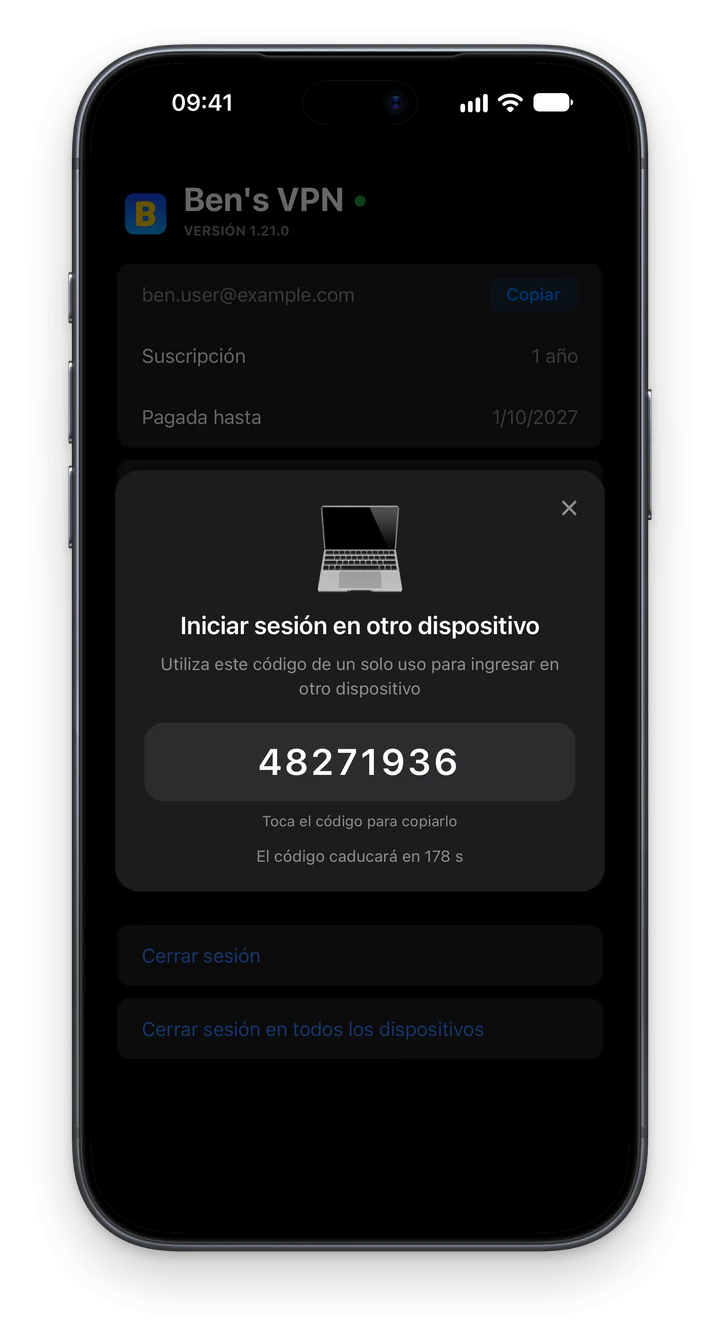 Ben's VPN en un iPhone: la tarjeta «Iniciar sesión en otro dispositivo» con un código de un solo uso de 8 dígitos y un temporizador, sobre los botones «Cerrar sesión» y «Cerrar sesión en todos los dispositivos»
