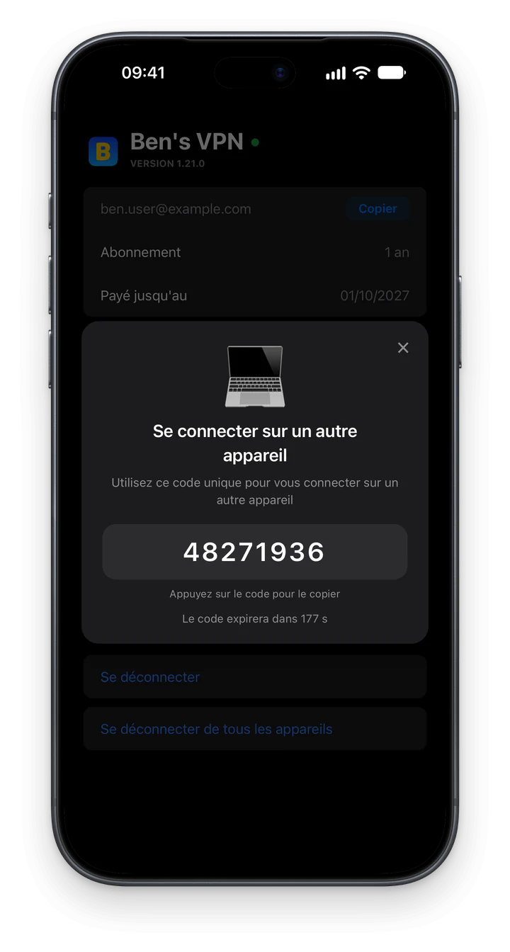 Ben's VPN sur iPhone, avec la fenêtre Se connecter sur un autre appareil, un code à usage unique à 8 chiffres et un minuteur. Les boutons Se déconnecter et Se déconnecter de tous les appareils sont en arrière-plan