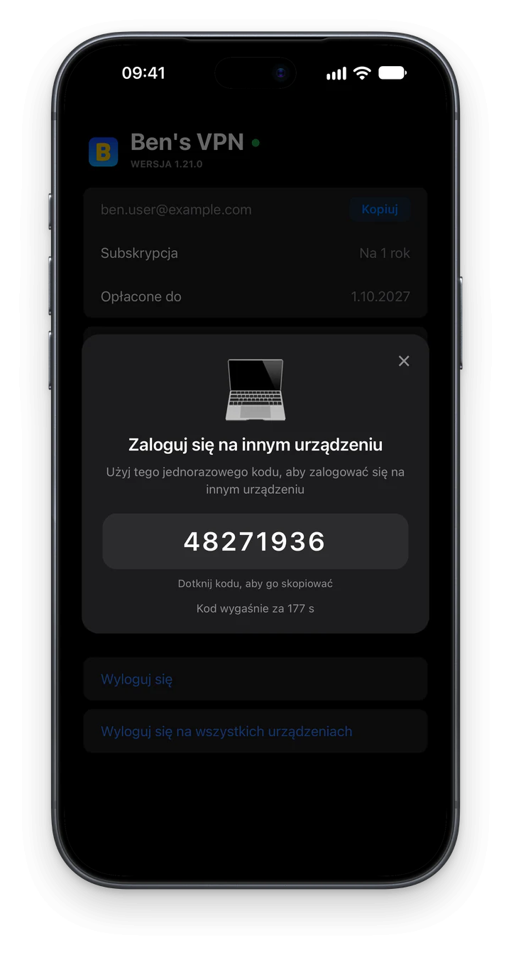 Ben's VPN na iPhonie: okno „Zaloguj się na innym urządzeniu” z 8-cyfrowym kodem jednorazowym i licznikiem czasu nad przyciskami „Wyloguj się” i „Wyloguj się na wszystkich urządzeniach”
