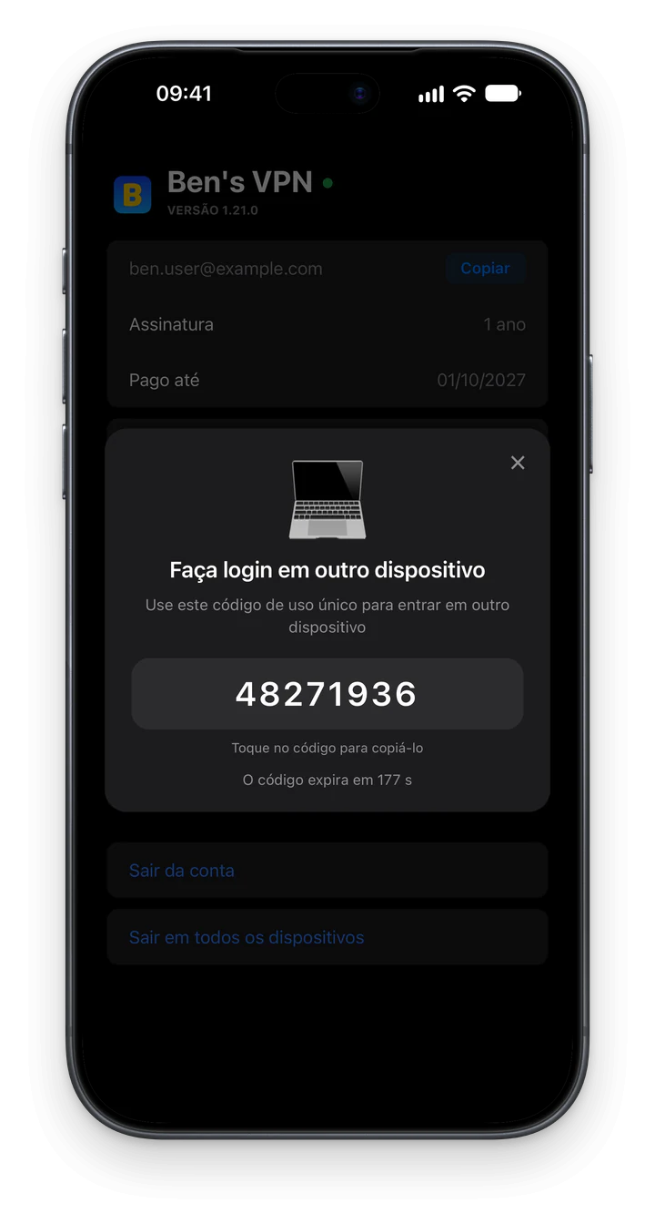 Ben's VPN no iPhone: o cartão “Faça login em outro dispositivo” com um código de uso único de 8 dígitos e um cronômetro, por cima dos botões “Sair da conta” e “Sair em todos os dispositivos”