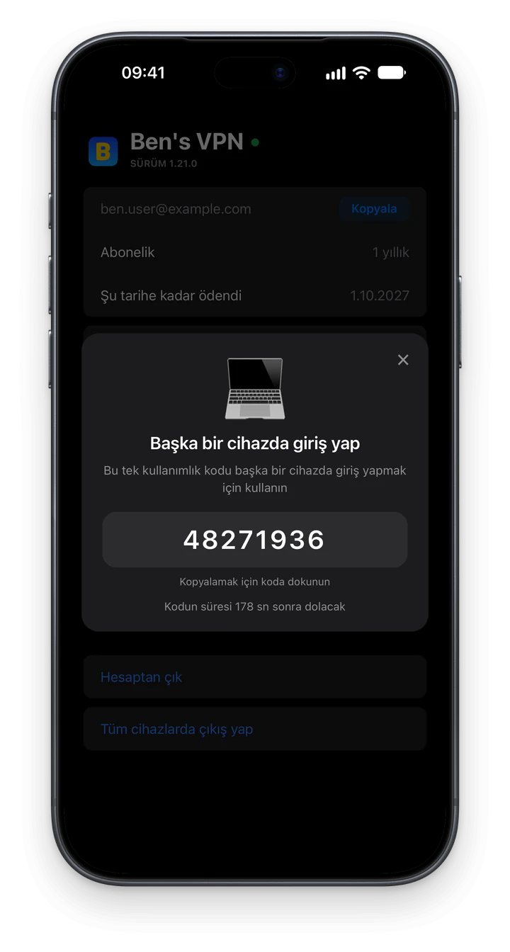Ben's VPN, iPhone’da: 8 basamaklı tek kullanımlık kod ve sayaç içeren Başka bir cihazda giriş yap kartı, altında Hesaptan çık ve Tüm cihazlarda çıkış yap düğmeleri