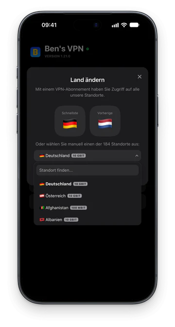 Das Fenster „Land ändern“ auf einem iPhone mit einem Suchfeld über der Liste der Standorte