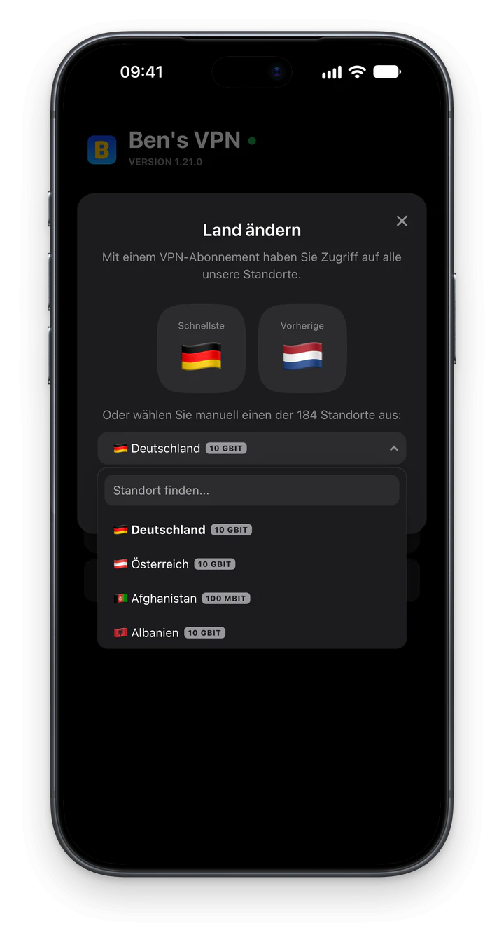 Ben's VPN auf dem iPhone mit geöffneter Standortliste: Jedes Land hat eine Geschwindigkeitsangabe wie 10 GBIT, über der Liste steht ein Suchfeld