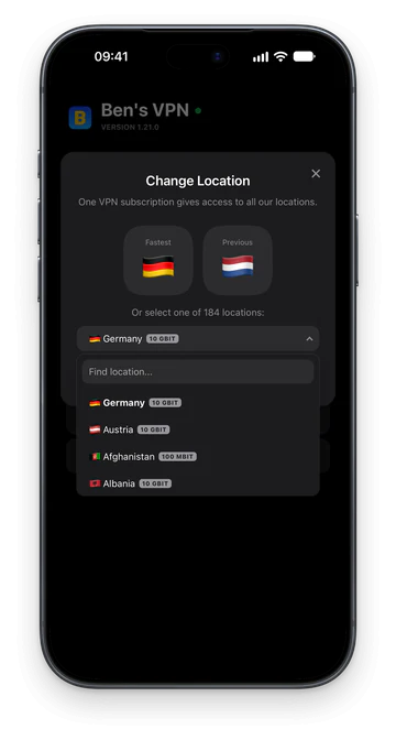 The Change Location window on an iPhone, with a search field above the list of locations