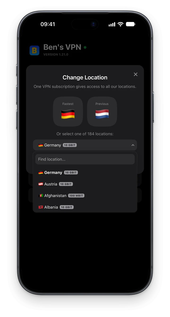 Change Location window with the Fastest and Previous tiles, the Find location search and the location list with speed tags
