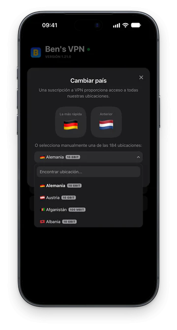La ventana «Cambiar país» en un iPhone, con un campo de búsqueda sobre la lista de ubicaciones
