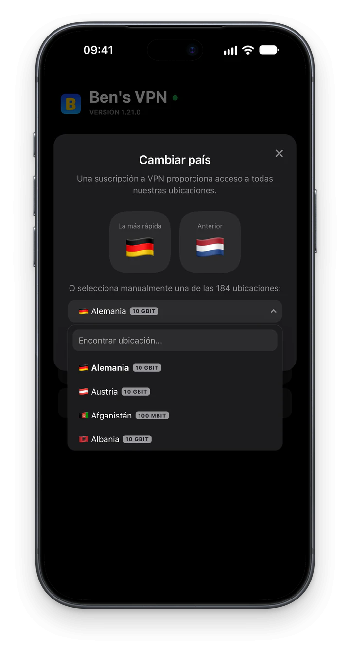 Ben's VPN en un iPhone con la lista de ubicaciones abierta: cada país tiene una etiqueta de velocidad, como 10 GBIT, y sobre la lista hay un campo de búsqueda