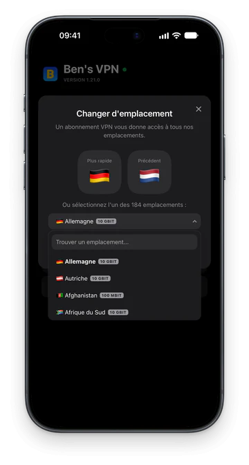 La fenêtre Changer d'emplacement sur un iPhone, avec un champ de recherche au-dessus de la liste des emplacements