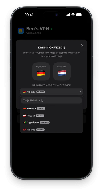 Okno Zmień lokalizację na iPhonie z polem wyszukiwania nad listą lokalizacji
