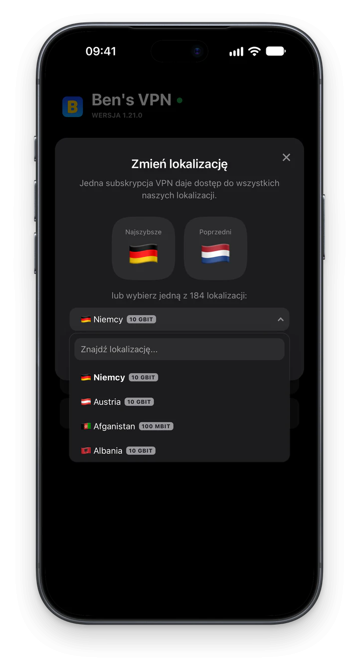 Ben's VPN na iPhonie z otwartą listą lokalizacji: przy każdym kraju widać oznaczenie prędkości, na przykład 10 GBIT, a nad listą jest pole wyszukiwania