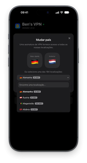 A janela “Mudar país” em um iPhone, com um campo de busca acima da lista de localizações