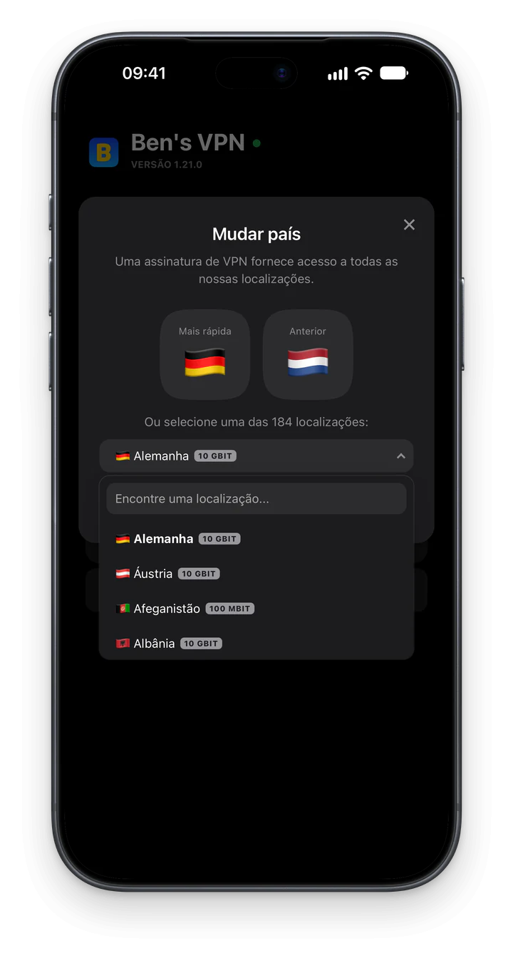 Ben's VPN no iPhone com a lista de localizações aberta: cada país tem uma etiqueta de velocidade, como 10 GBIT, e há um campo de busca acima da lista
