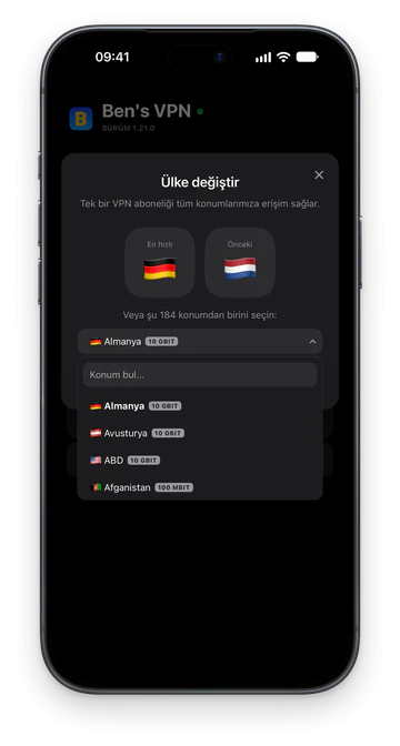 iPhone’da “Ülke değiştir” penceresi: konum listesinin üstünde bir arama alanı