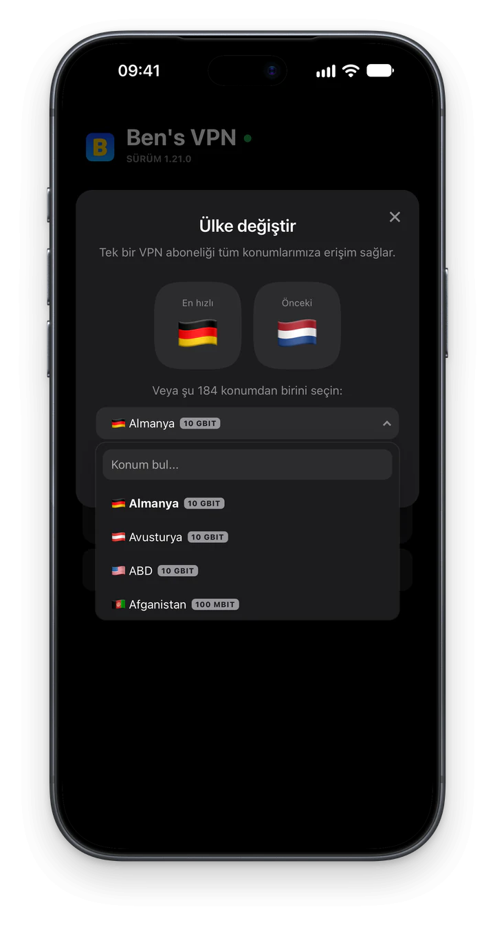 Ben's VPN uygulaması iPhone’da, konum listesi açık: Her ülkenin 10 GBIT gibi bir hız etiketi var, listenin üstünde bir arama alanı bulunur