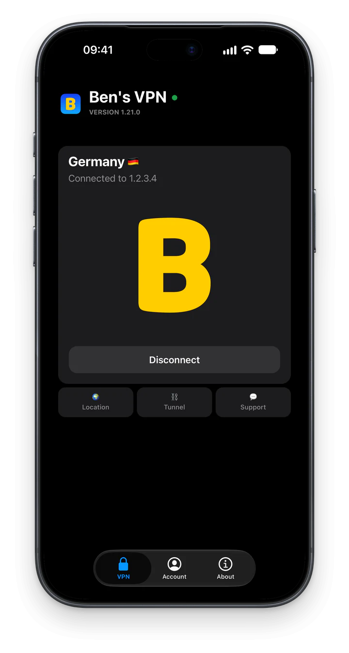 The main screen of Ben's VPN on iPhone, connected to Germany, with the Disconnect button under the yellow B