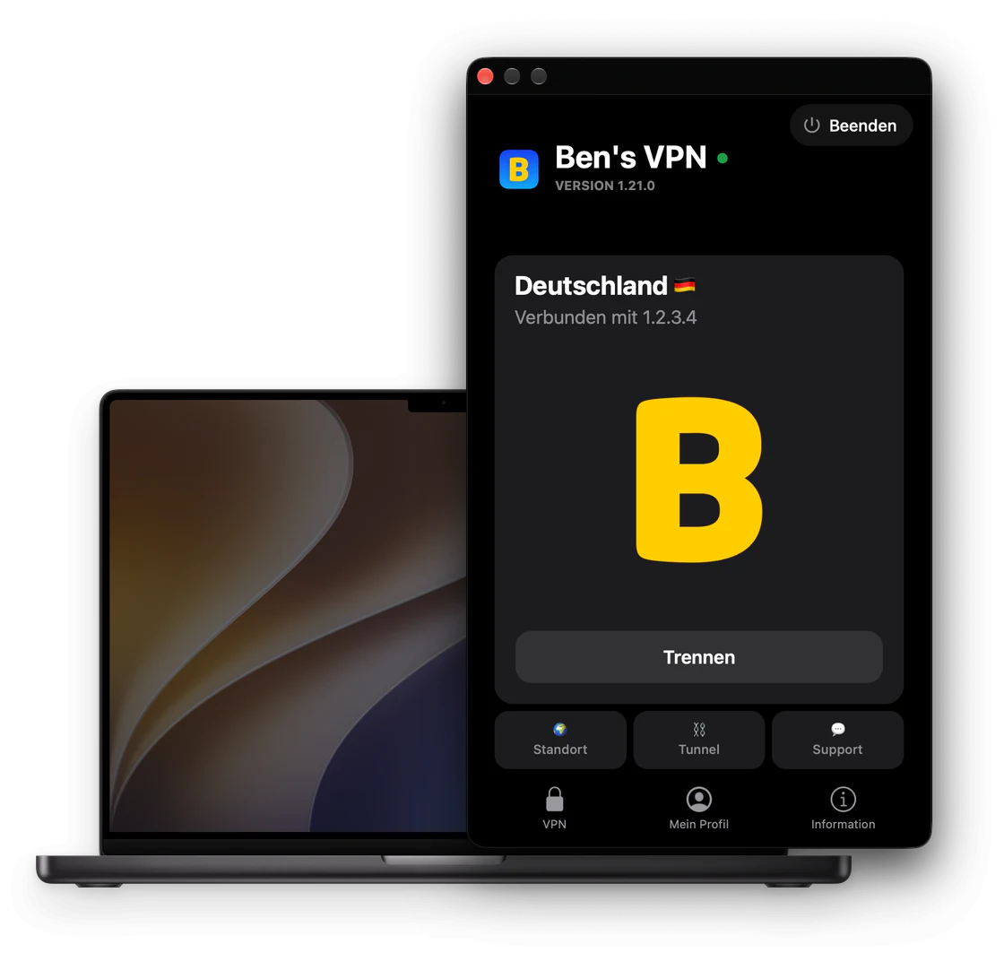 Das Fenster von Ben's VPN neben einem MacBook: oben „Beenden“, eine Verbindung mit Deutschland, ein großes gelbes B, die Schaltfläche „Trennen“ und unter der Serverkarte „Standort“, „Tunnel“ und „Support“