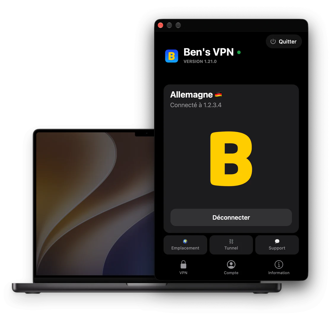 La fenêtre de Ben's VPN à côté d’un MacBook, connectée à un serveur en Allemagne, avec un bouton Quitter dans le coin et le bouton Déconnecter sous le B jaune