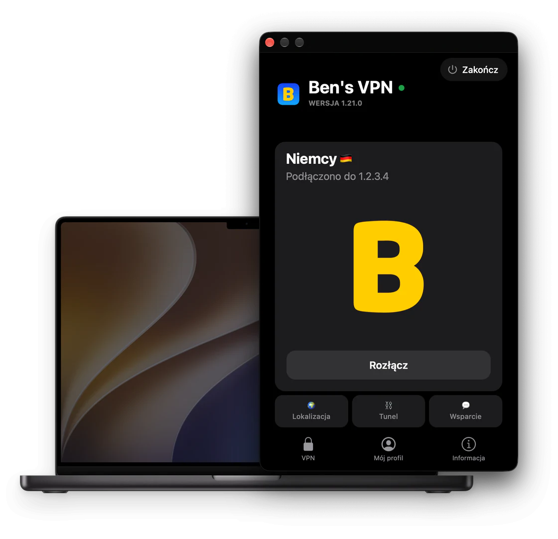 Okno Ben's VPN obok MacBooka: „Zakończ” u góry, połączenie z Niemcami, duże żółte B, przycisk „Rozłącz” oraz „Lokalizacja”, „Tunel” i „Wsparcie” pod kartą