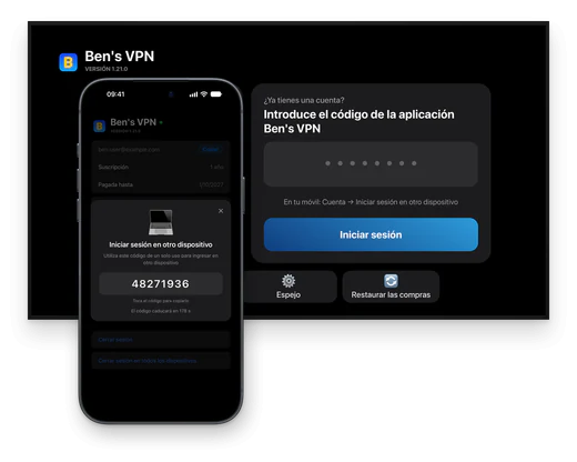 Un televisor que pide el código de la aplicación de Ben's VPN, junto a un iPhone con un código de un solo uso de 8 dígitos