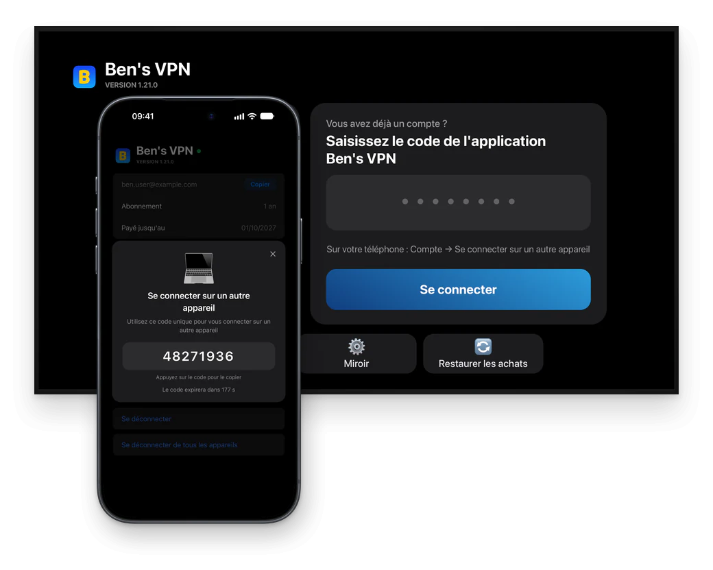 Ben's VPN sur un téléviseur : l’écran de connexion, avec un champ vide pour un code à 8 chiffres, et devant l’écran un téléphone qui affiche ce code