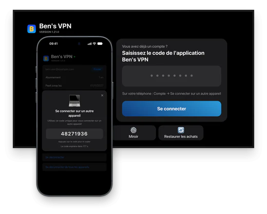 Le champ du code sur l’écran de connexion du téléviseur et, devant l’écran, un téléphone avec un code à 8 chiffres