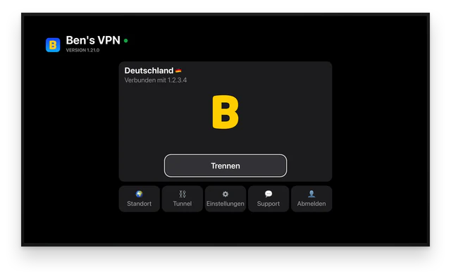 Ben's VPN auf einem Fernseher: Deutschland ist ausgewählt, die Verbindung ist aktiv