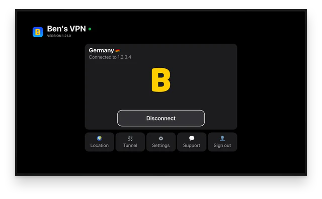 Ben's VPN running on a TV, with Germany selected and the connection on