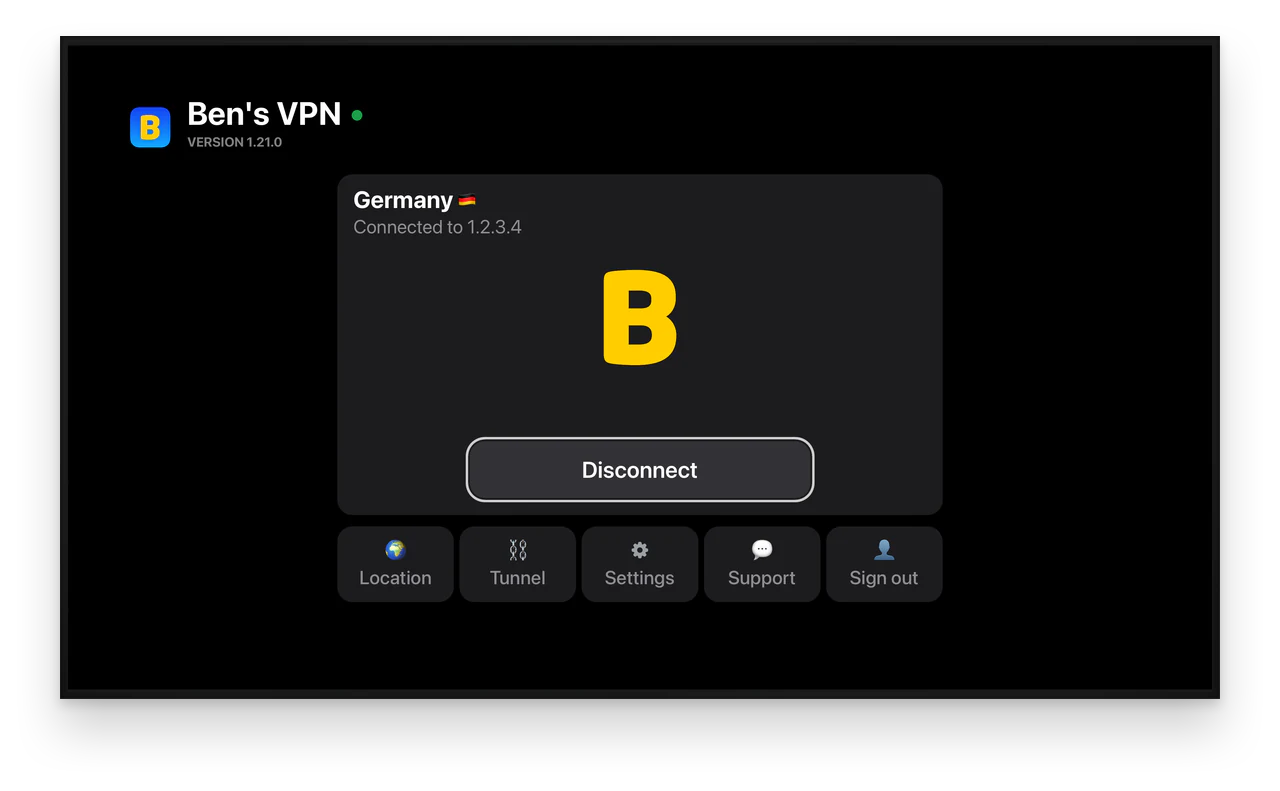 برنامه Ben's VPN روی تلویزیون: متصل به آلمان