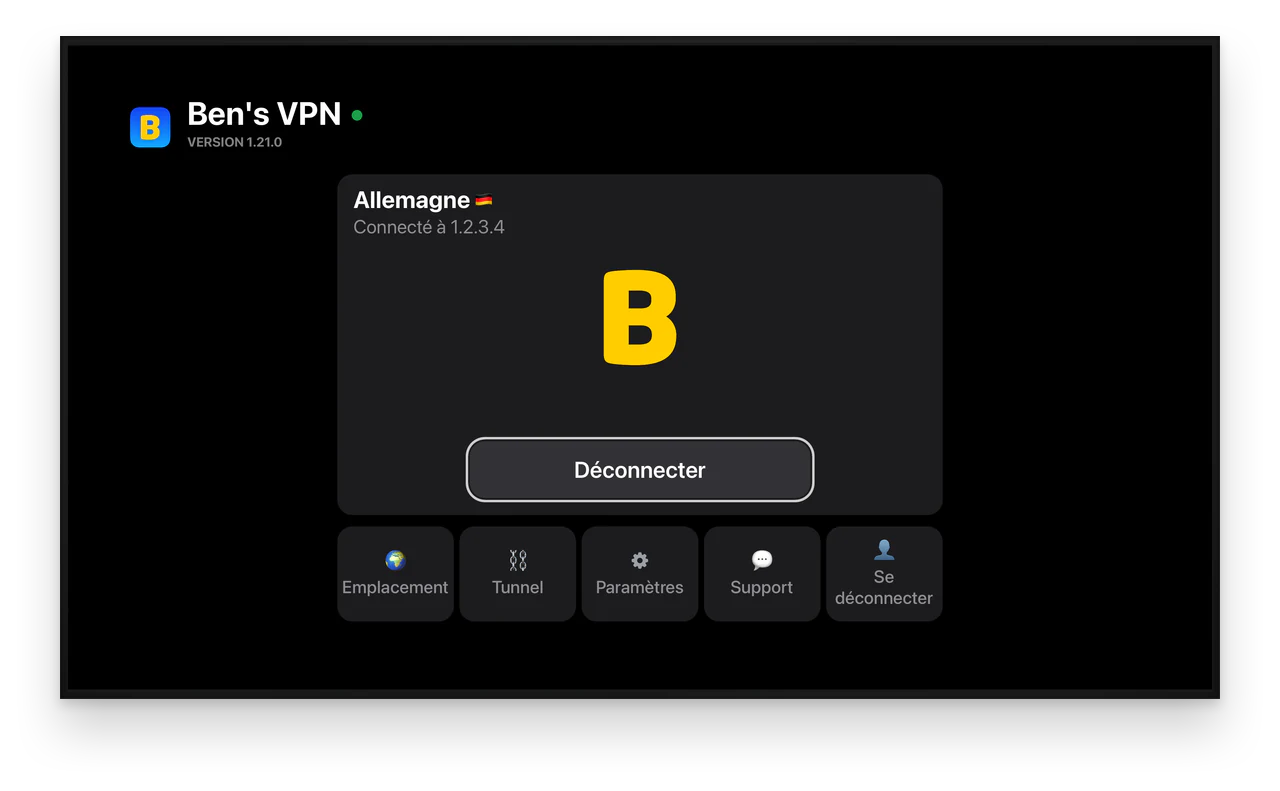 Ben's VPN sur un téléviseur : connecté à un serveur en Allemagne
