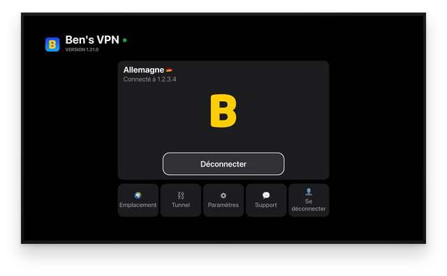 Ben's VPN sur un téléviseur, avec l’Allemagne sélectionnée et la connexion active