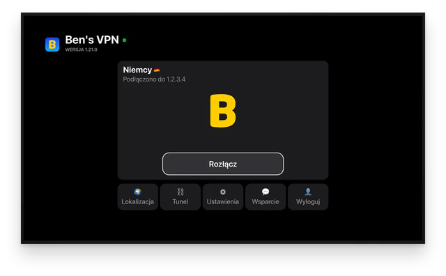 Ben's VPN na telewizorze: wybrane Niemcy, połączenie włączone