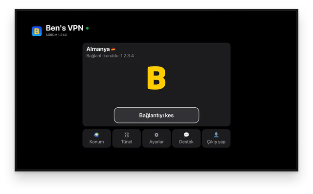 Ben's VPN, TV’de çalışıyor: Almanya seçili ve bağlantı açık