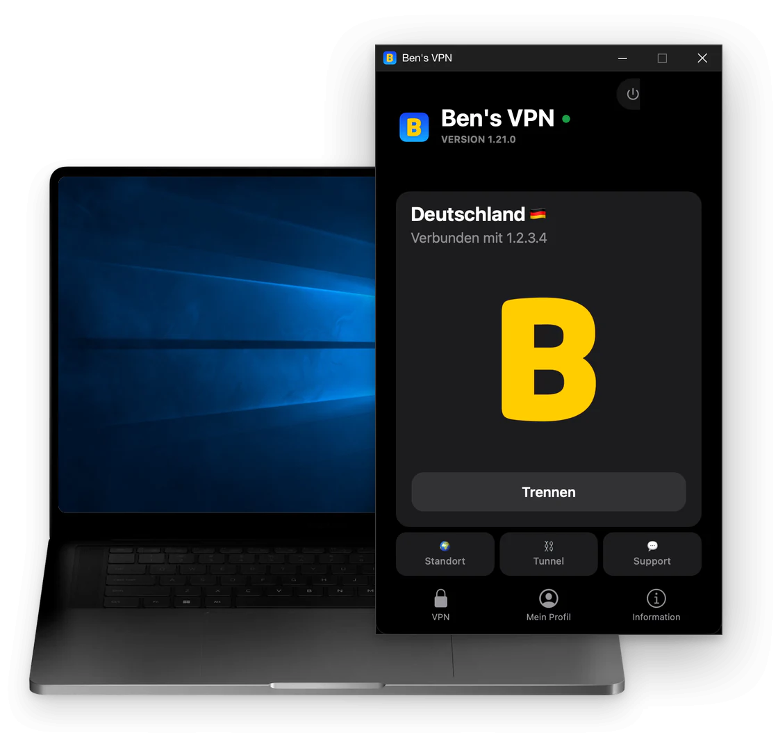 Ben's VPN neben einem Laptop mit dem blauen Hintergrundbild von Windows 10: verbunden mit Deutschland, die Schaltfläche „Trennen“ unter dem gelben B