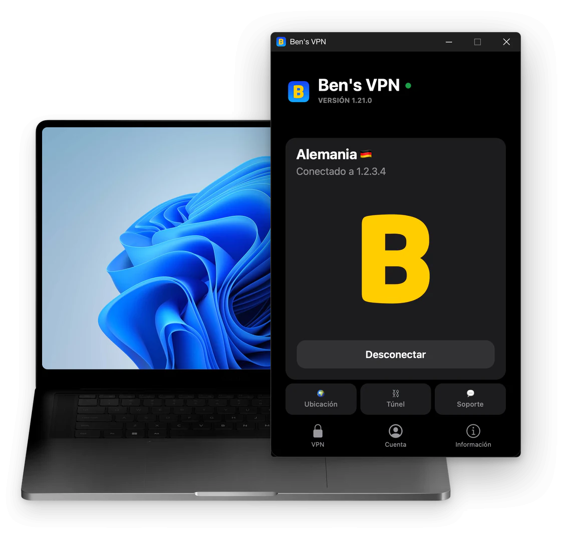 Ben's VPN, con conexión a Alemania, en una ventana junto a una computadora portátil con Windows: el botón Desconectar y los botones Ubicación, Túnel y Soporte bajo la tarjeta del servidor