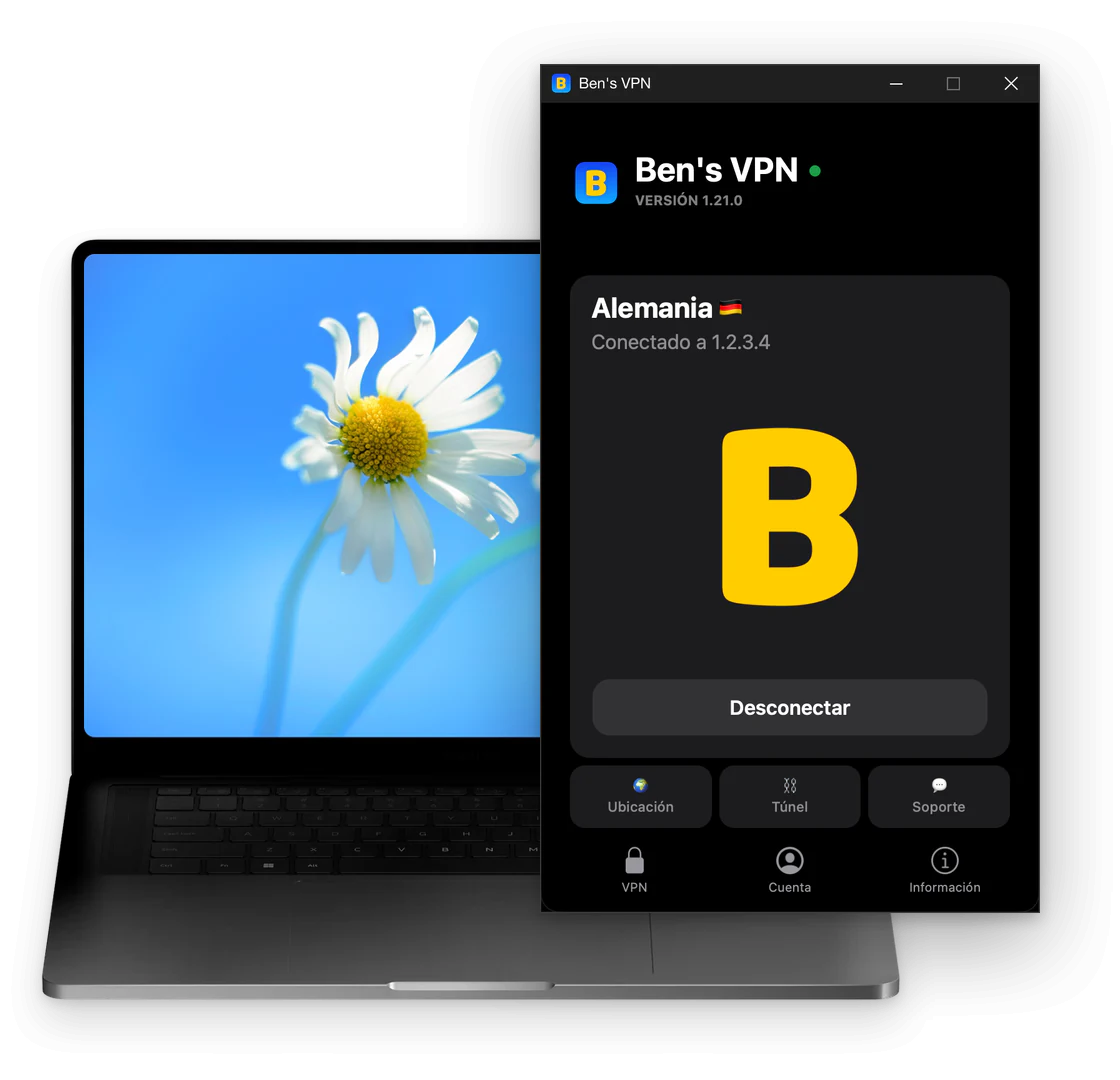 La ventana de Ben's VPN sobre una computadora portátil: Alemania arriba en la tarjeta del servidor, el botón «Desconectar» bajo la B amarilla y los botones «Ubicación», «Túnel» y «Soporte» encima de las pestañas