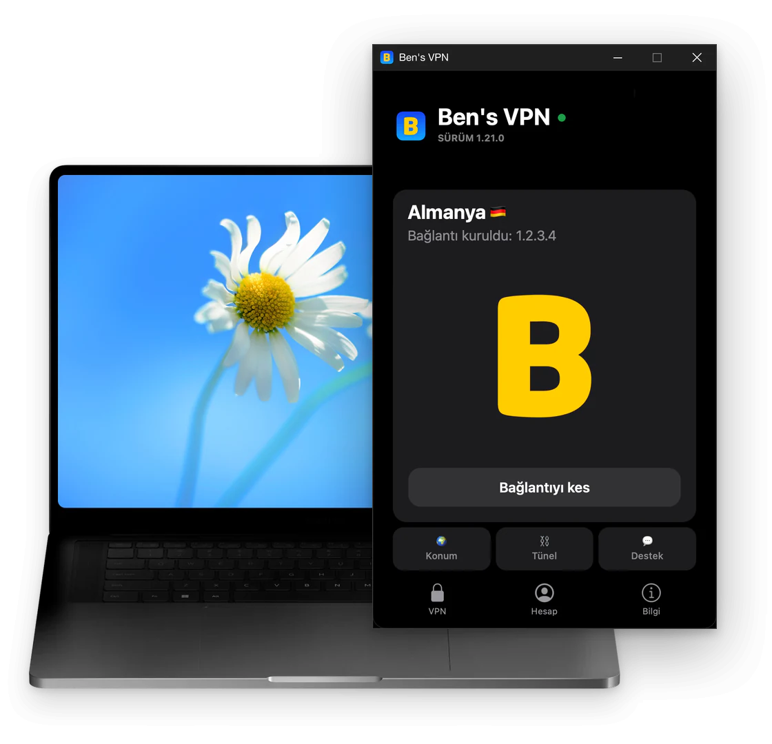 Bir dizüstü bilgisayarın önünde Ben's VPN penceresi: kartın üstünde Almanya, sarı B’nin altında Bağlantıyı kes düğmesi, sekmelerin üstünde Konum, Tünel ve Destek düğmeleri